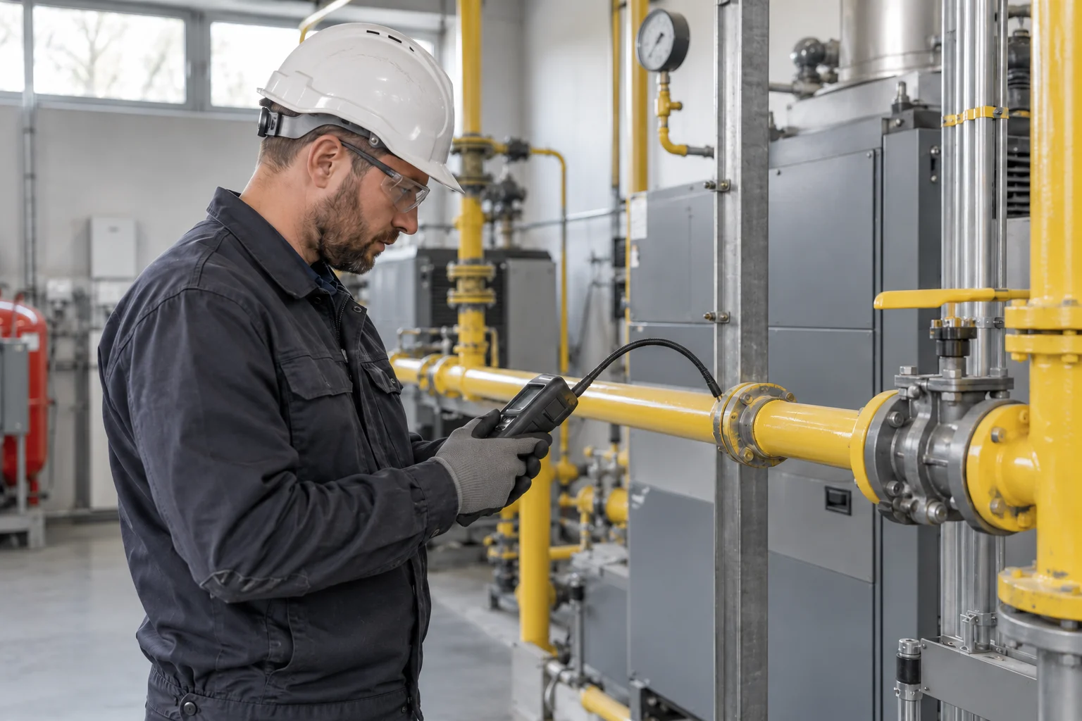 Ilustracja AI: technik sprawdza połączenie instalacji gazowej detektorem nieszczelności